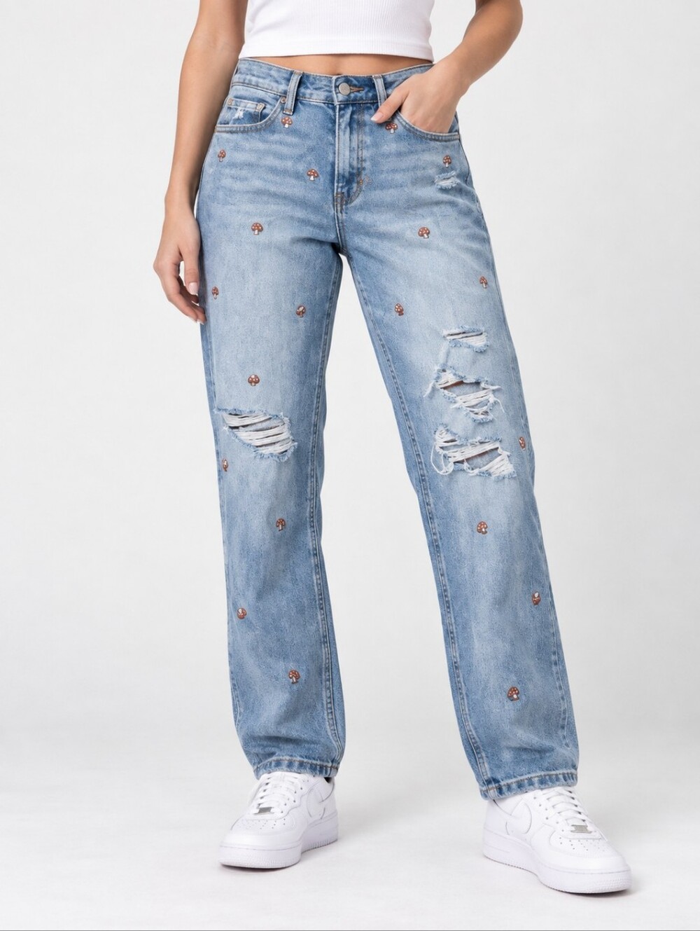 EUC High Rise Destroyed distressed mushroom embroidered Arizona jeans 11